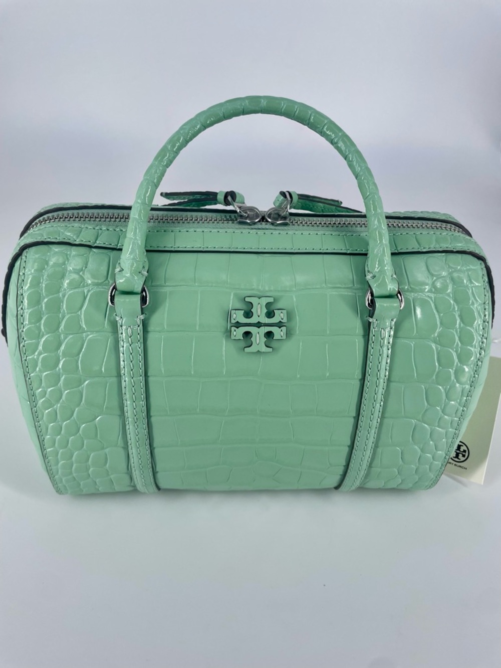 NWT Tory Burch Northern Lights Green Thea Croc-Embossed Bag w/ 2 Straps - Picture 3 of 7